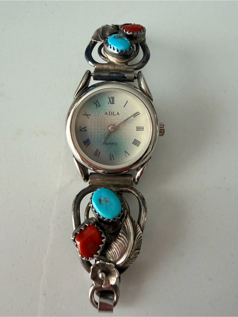 Adla Quartz Sterling Silver Turquoise & Coral Stone Bracelet Watch-Vintage rare